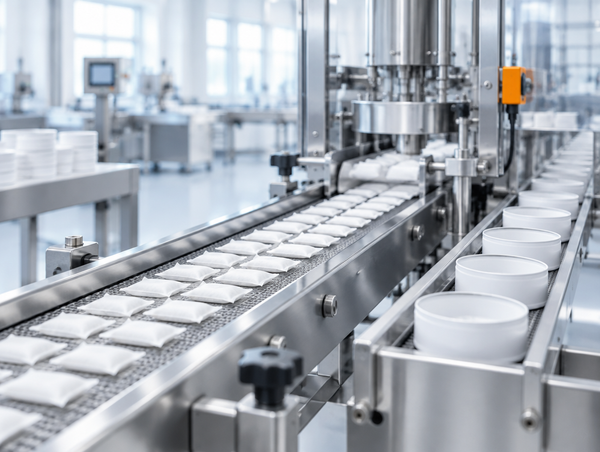 Production line with white pouches on a conveyor belt next to empty white cans