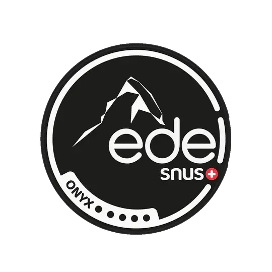 Edel Snus Onyx logotip s planinskim motivom na crnoj pozadini, švicarska marka snusa