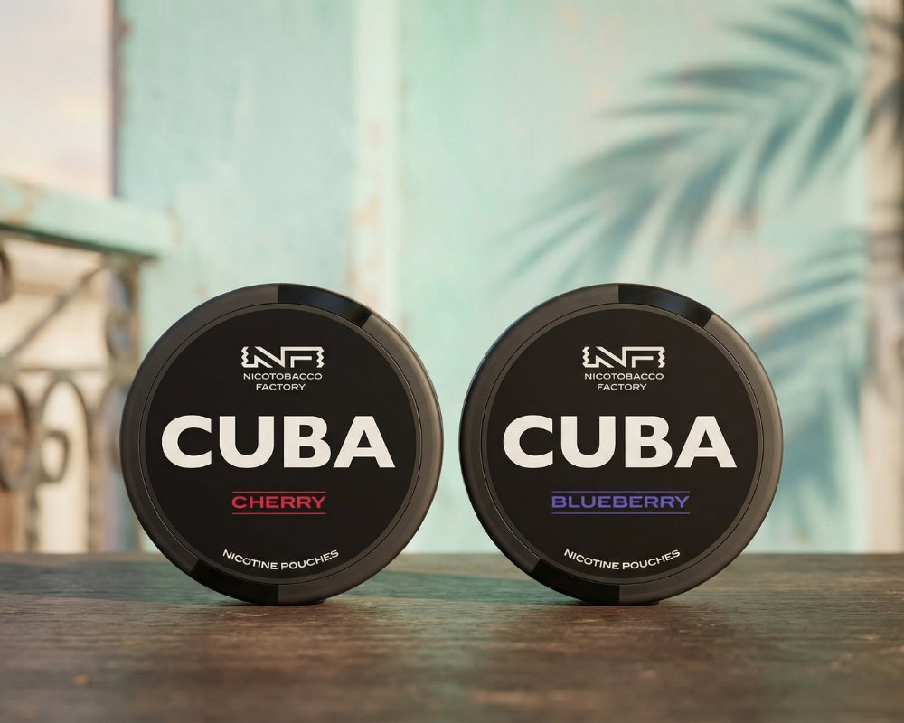 Cuba Nicotine Pouches u Cherry i Blueberry okus od Nicotobacco Factory u crnim kutijama