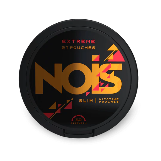 Nois Extreme Slim Nicotine Pouches, 27 kesica, 50 mg jačina, crna kutija s zlatnim logotipom