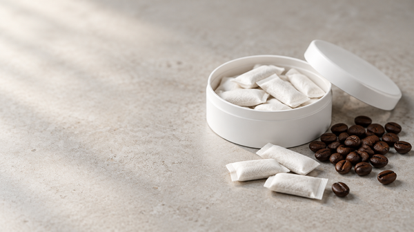 Open white tin filled with caffeine pouches next to roasted coffee beans on a light stone surface