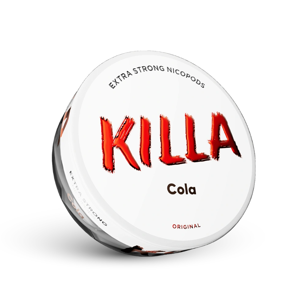 Killa Cola Extra Strong Nicotine Pouches s 16mg nikotina, bijela kutija s crvenim logom