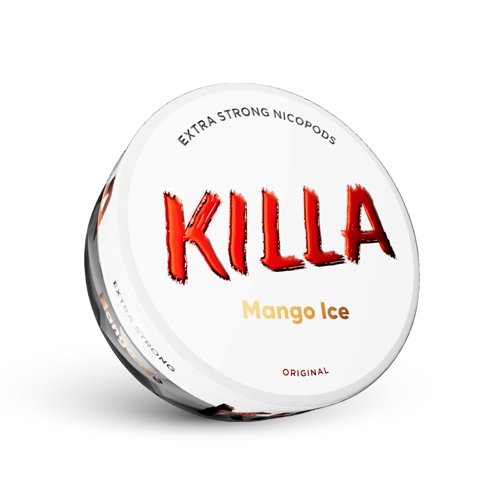 Killa Mango Ice Nicotine Pouches Extra Strong, 16 mg, Doze s bijelim dizajnom i crvenim logotipom