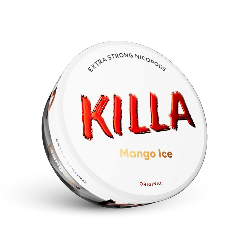 Killa Mango Ice Nicotine Pouches Extra Strong, 16 mg, Doze s bijelim dizajnom i crvenim logotipom